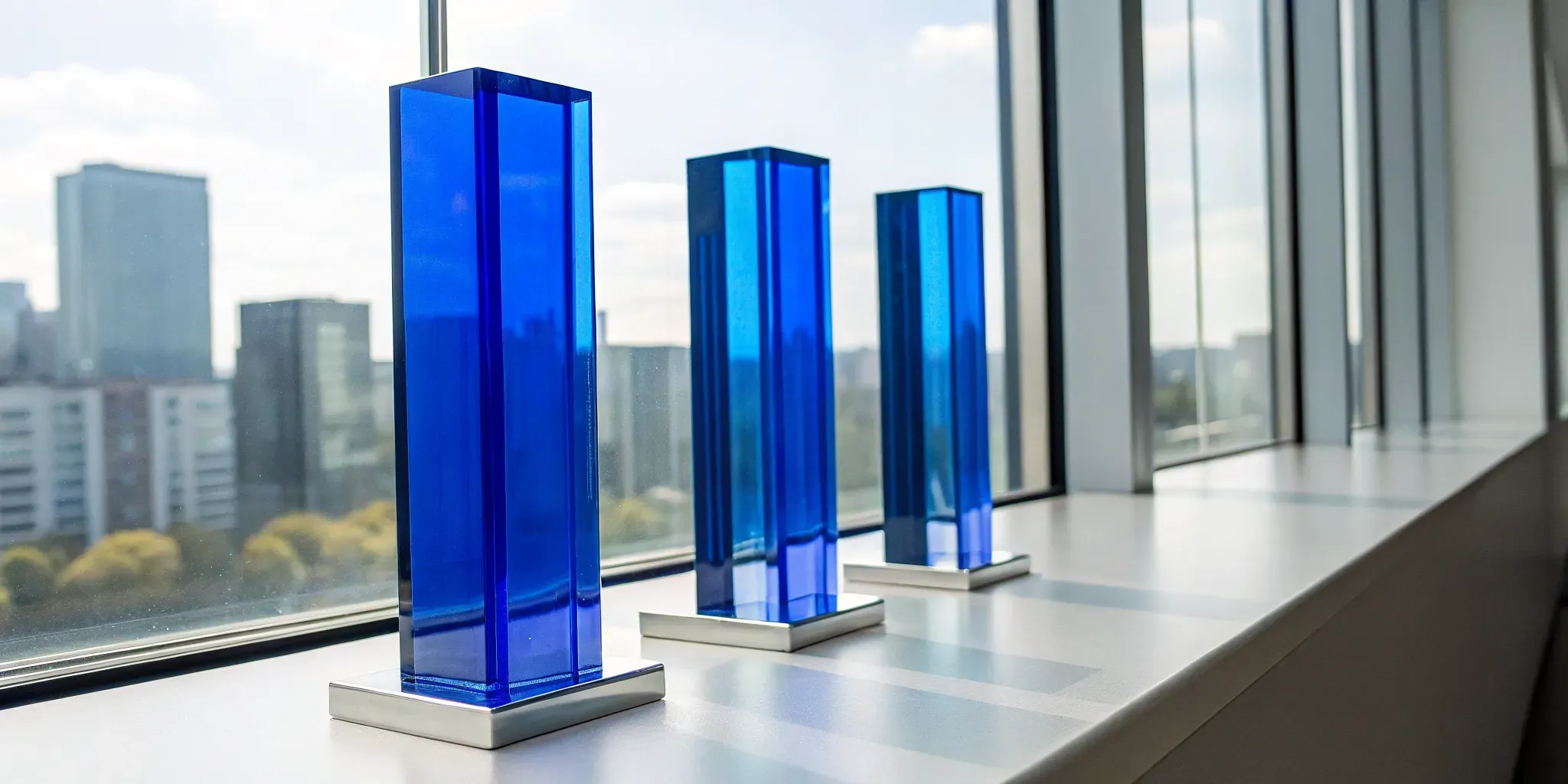 Blue glass awards on a windowsill for the best IUL insurance companies.