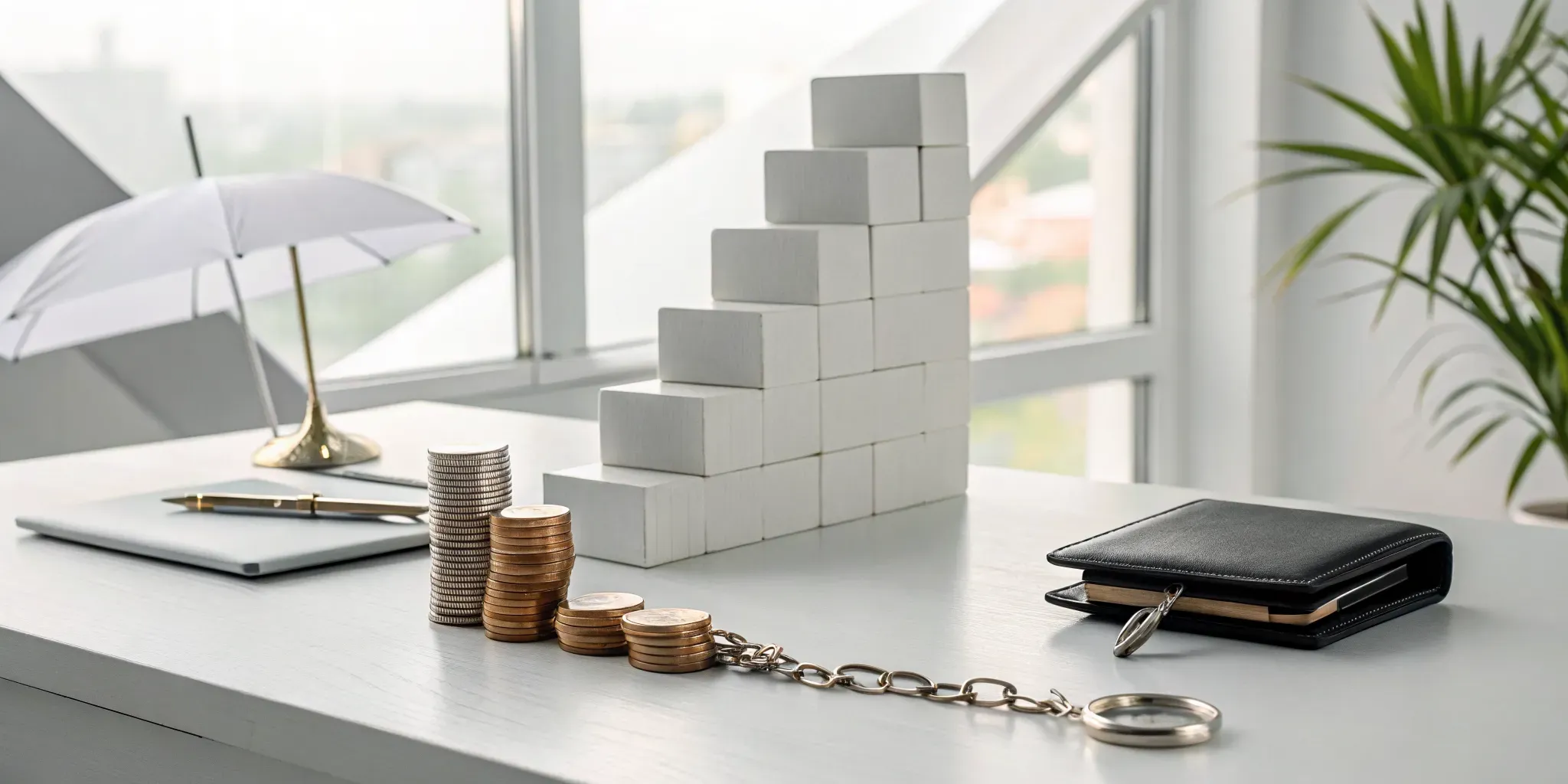 Building financial stability step-by-step with ascending blocks and stacks of coins.