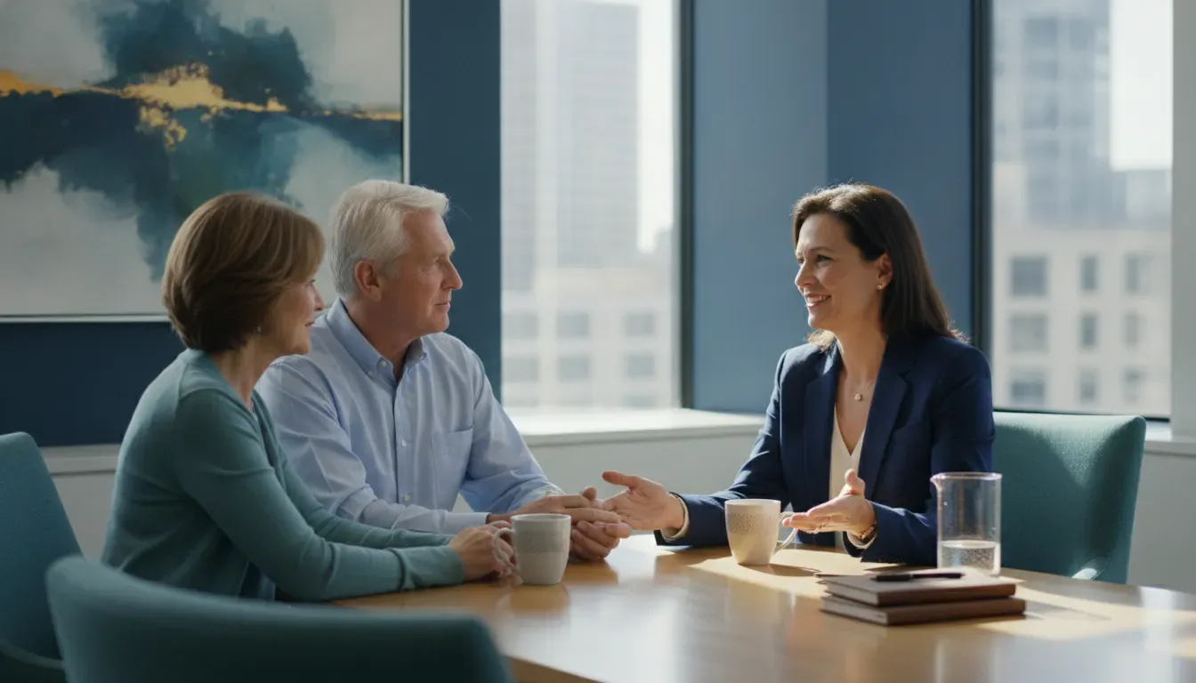 Financial advisor explaining IUL retirement income planning to a mature couple