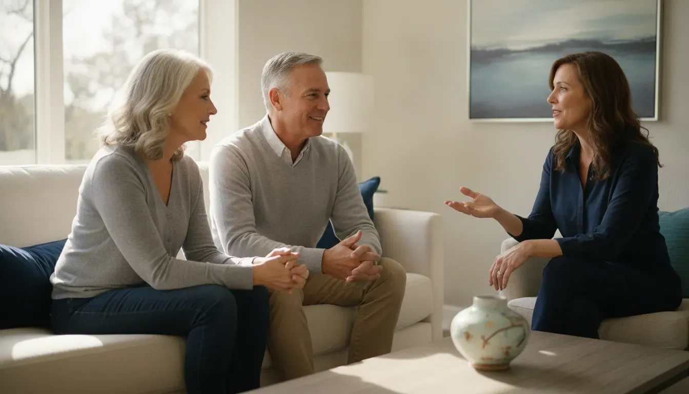 Pre-retiree couple discussing retirement income with a financial advisor