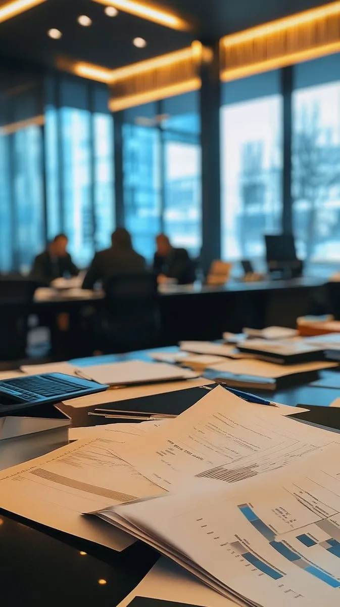 Printed statements and charts spread across a boardroom table