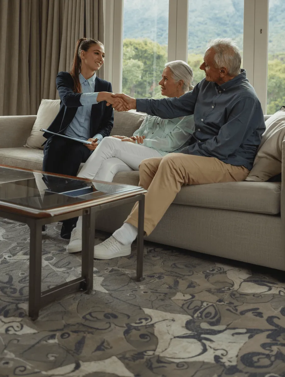 An adviser shaking hands with an older couple seated together on a sofa