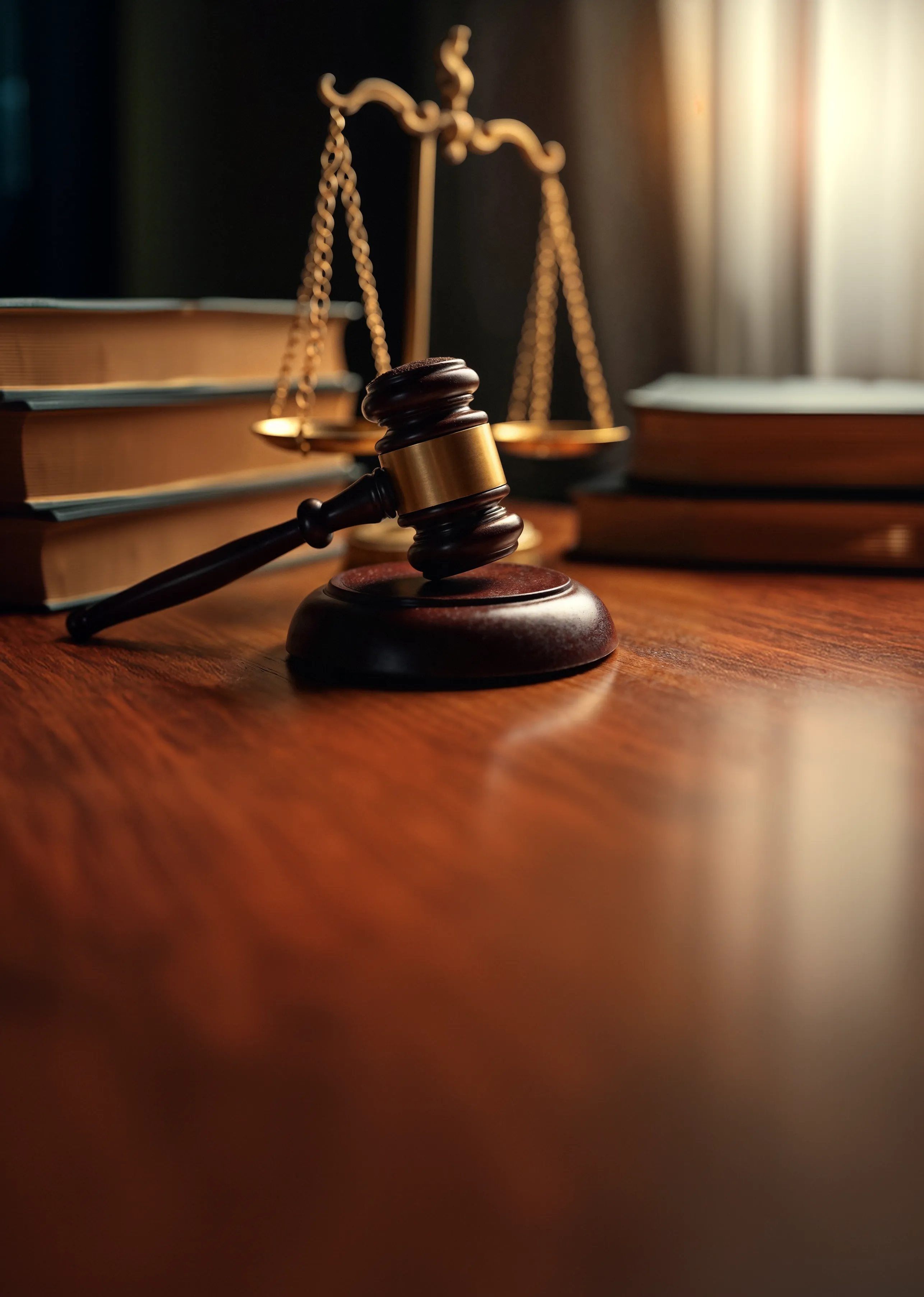 A gavel and law books on a desk