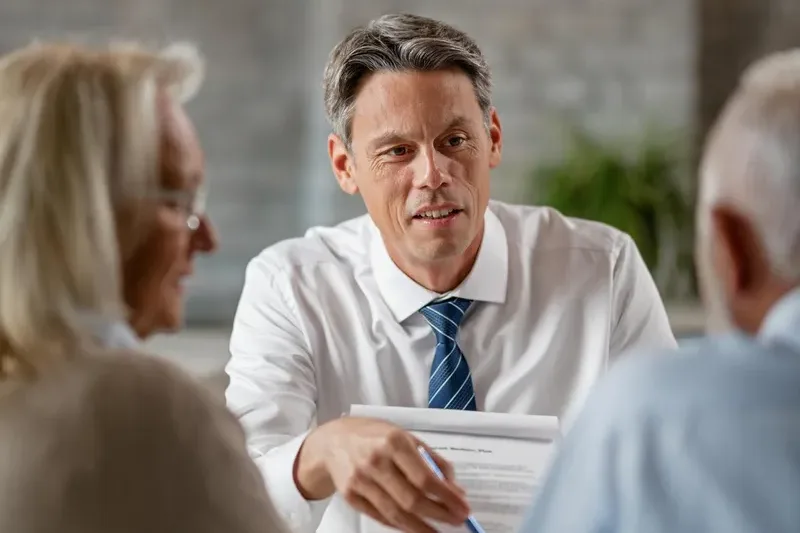A man in a shirt and tie holding a pen over a printed document, talking with an older couple seen from behind