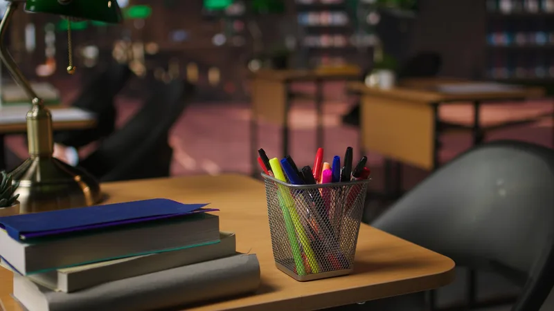 A stack of books and a mesh cup of coloured pens on a desk beside a green library lamp